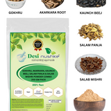 Desi Nushke Gokhru,Salab Mishri,Kaunch Beej,Salam Panja & Irani Akarkara Root Powder Combo 200gm | Immunity, Power, Testosterone & Stamina Booster for Men
